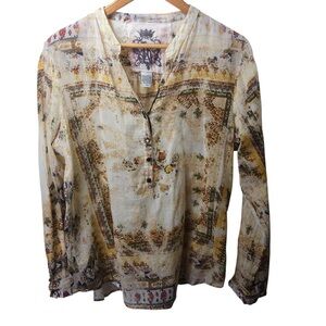 J.A.K. Button Down Blouse Top Sz XL Cotton Roll Tab Casual Boho Chic Retro